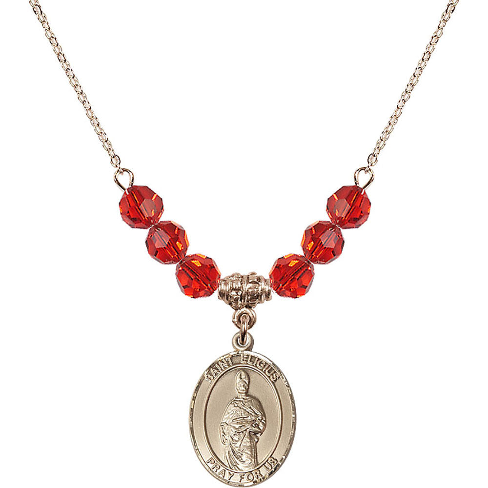 14kt Gold Filled Saint Eligius Birthstone Necklace with Ruby Beads - 8402