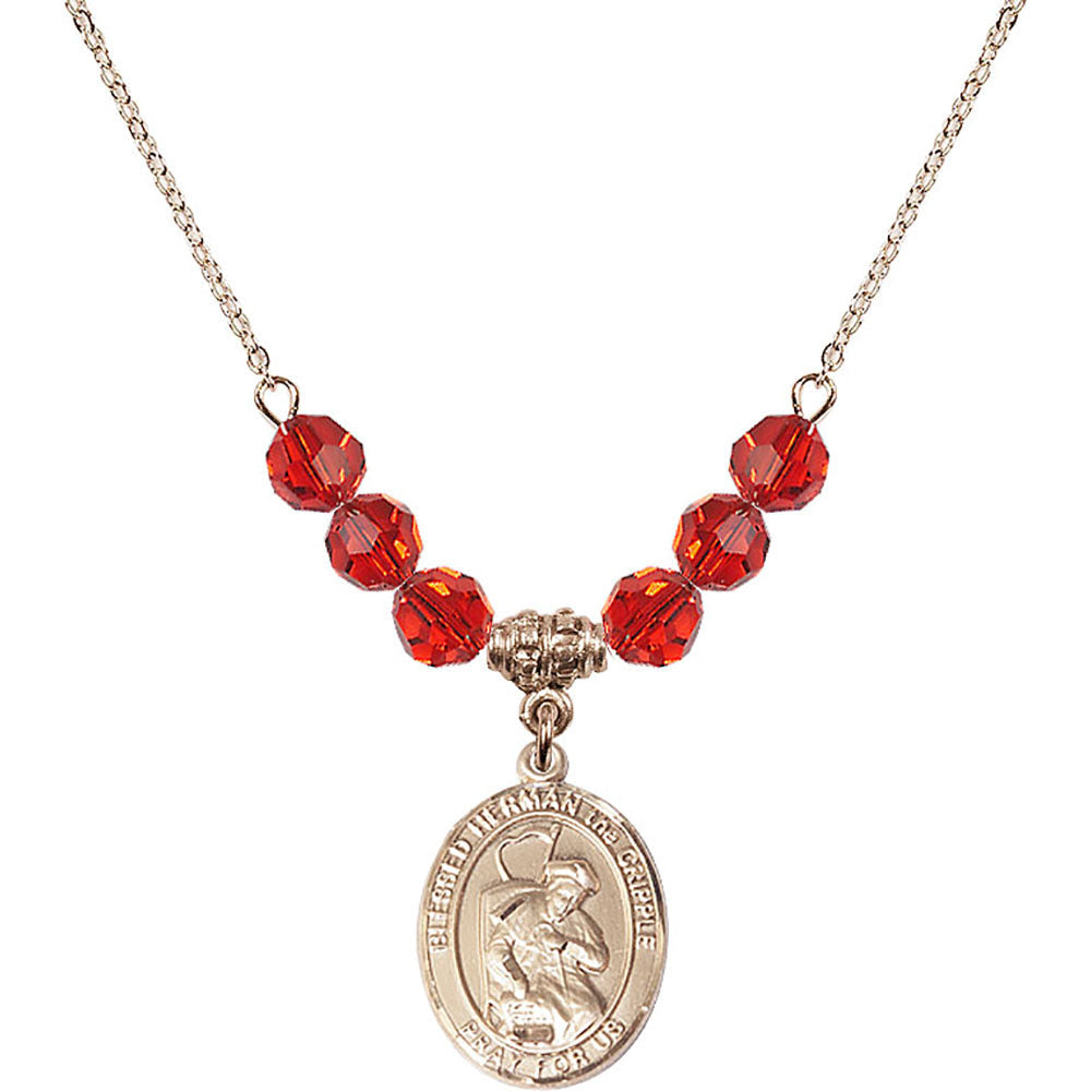 14kt Gold Filled Blessed Herman the Cripple Birthstone Necklace with Ruby Beads - 8403
