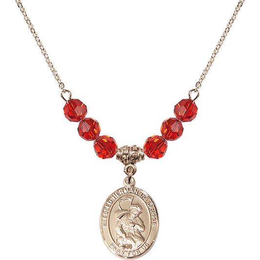 14kt Gold Filled Blessed Herman the Cripple Birthstone Necklace with Ruby Beads - 8403