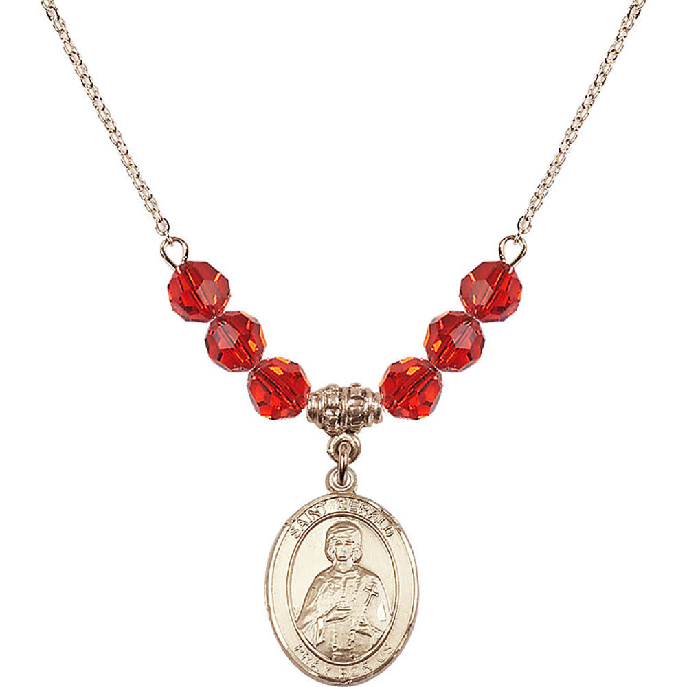 14kt Gold Filled Saint Gerald Birthstone Necklace with Ruby Beads - 8404