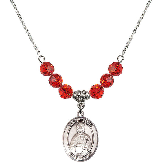 Sterling Silver Saint Gerald Birthstone Necklace with Ruby Beads - 8404
