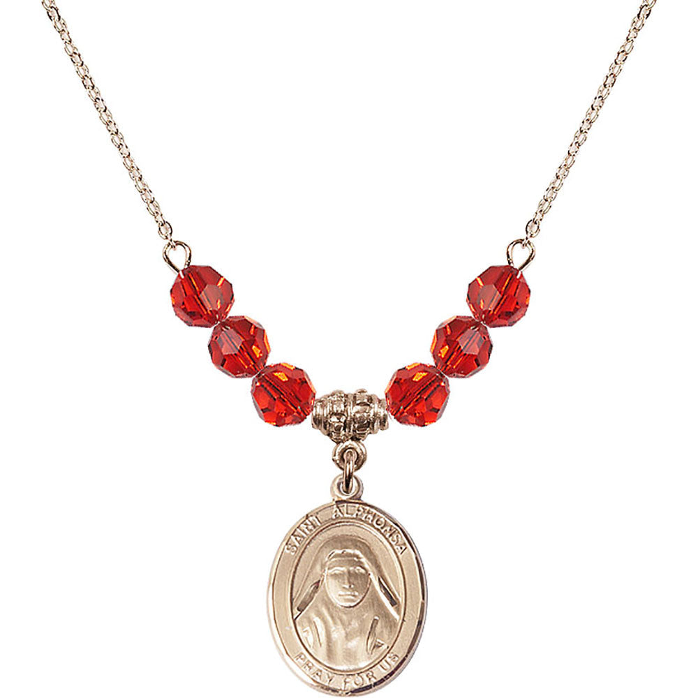 14kt Gold Filled Saint Alphonsa of India Birthstone Necklace with Ruby Beads - 8406