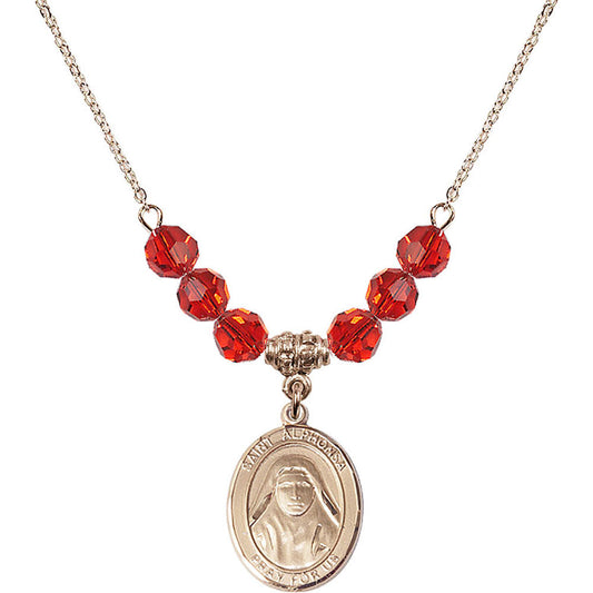 14kt Gold Filled Saint Alphonsa of India Birthstone Necklace with Ruby Beads - 8406