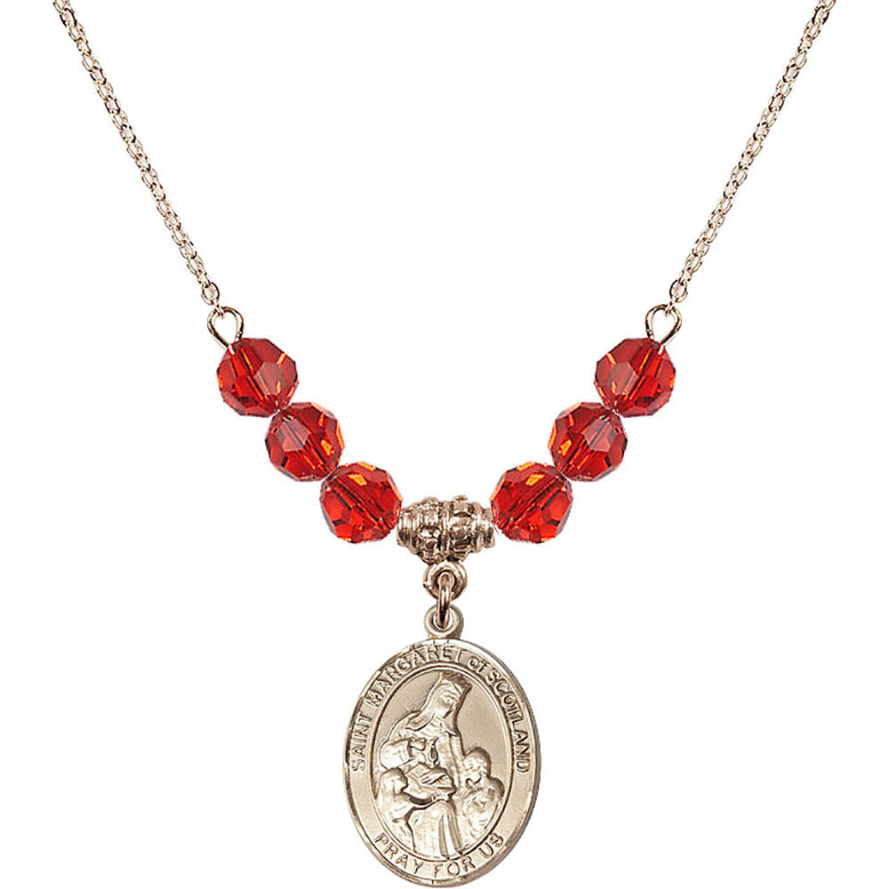 14kt Gold Filled Saint Margaret of Scotland Birthstone Necklace with Ruby Beads - 8407
