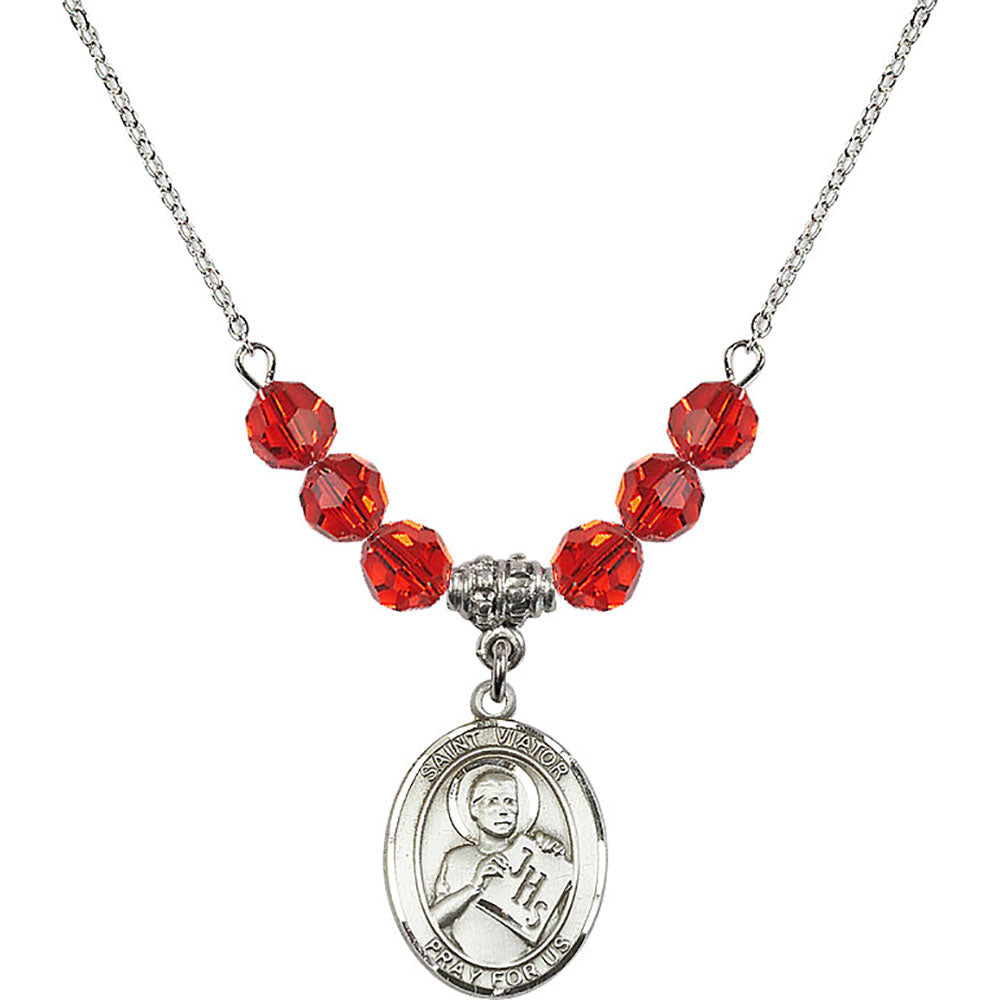 Sterling Silver Saint Viator of Bergamo Birthstone Necklace with Ruby Beads - 8408