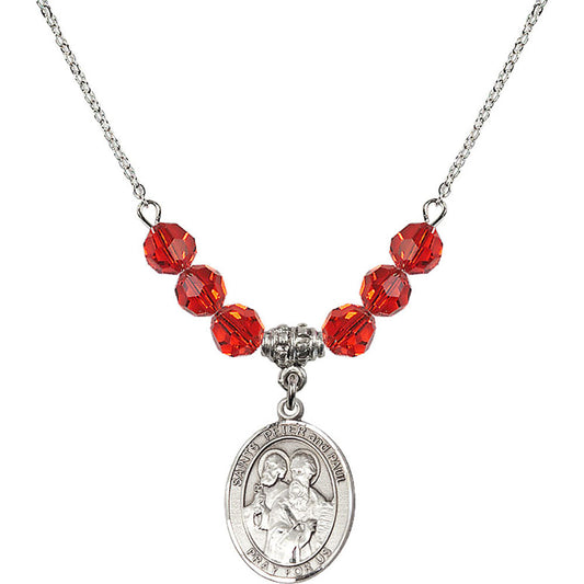 Sterling Silver Saints Peter & Paul Birthstone Necklace with Ruby Beads - 8410