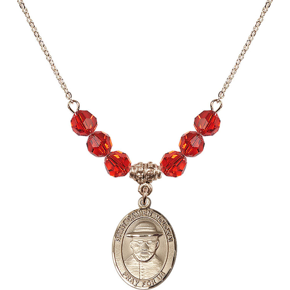 14kt Gold Filled Saint Damien of Molokai Birthstone Necklace with Ruby Beads - 8412