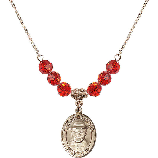 14kt Gold Filled Saint Damien of Molokai Birthstone Necklace with Ruby Beads - 8412