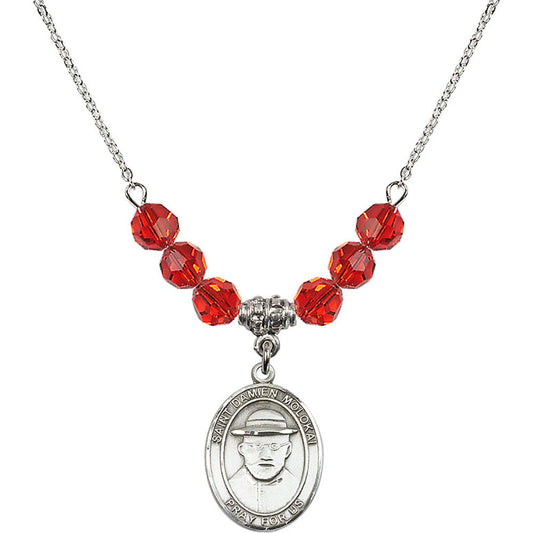 Sterling Silver Saint Damien of Molokai Birthstone Necklace with Ruby Beads - 8412