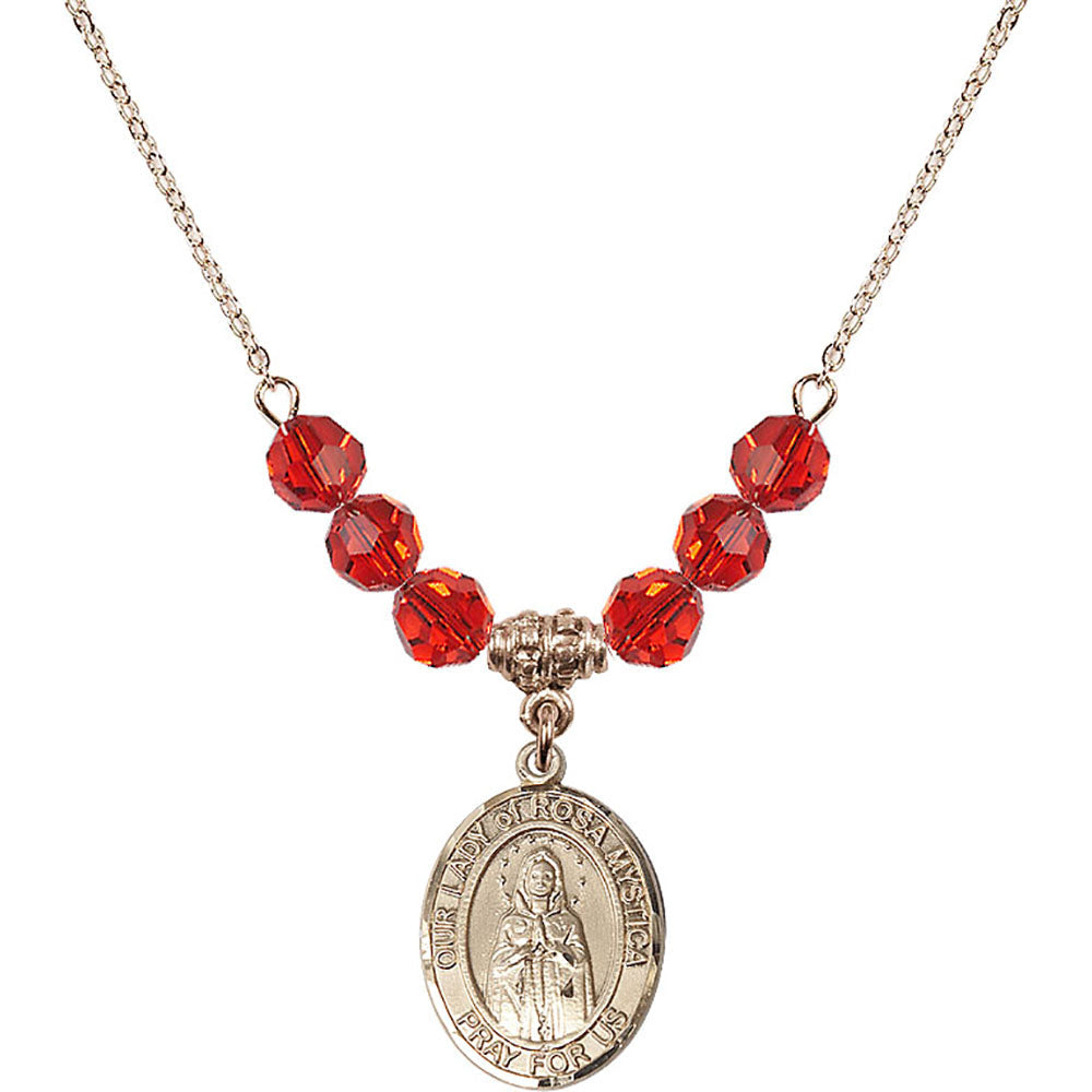 14kt Gold Filled Our Lady of Rosa Mystica Birthstone Necklace with Ruby Beads - 8413