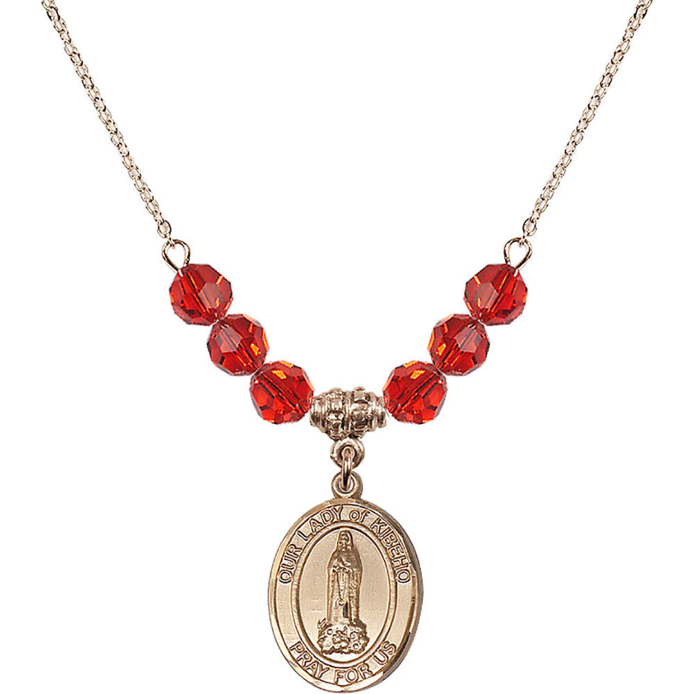 14kt Gold Filled Our Lady of Kibeho Birthstone Necklace with Ruby Beads - 8414
