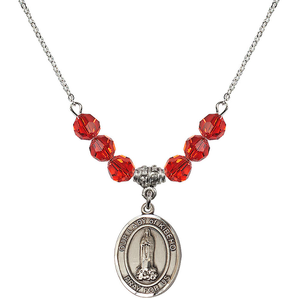 Sterling Silver Our Lady of Kibeho Birthstone Necklace with Ruby Beads - 8414