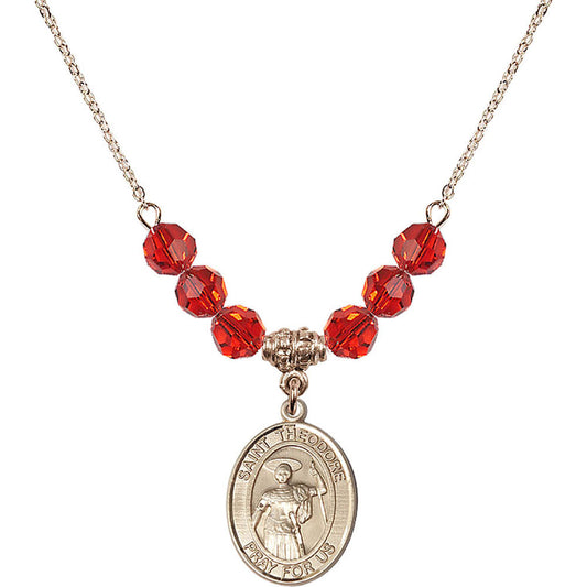 14kt Gold Filled Saint Theodore Stratelates Birthstone Necklace with Ruby Beads - 8415