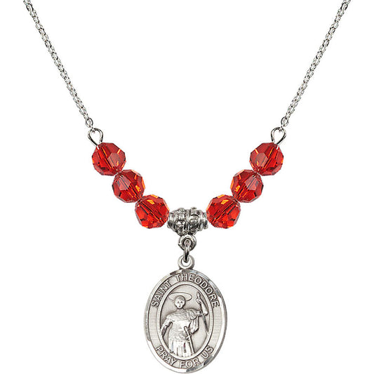 Sterling Silver Saint Theodore Stratelates Birthstone Necklace with Ruby Beads - 8415