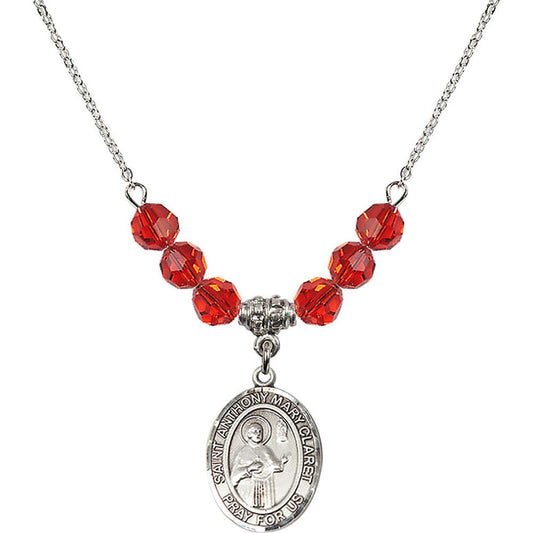 Sterling Silver Saint Anthony Mary Claret Birthstone Necklace with Ruby Beads - 8416