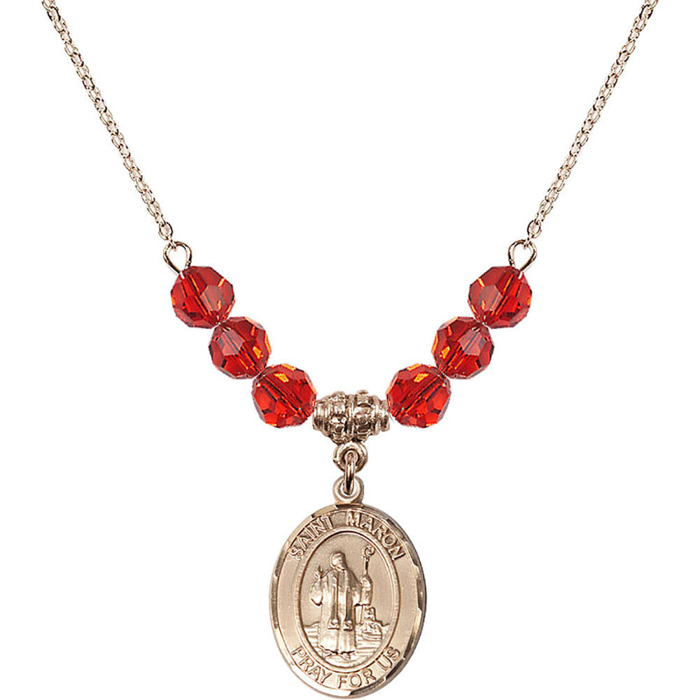 14kt Gold Filled Saint Maron Birthstone Necklace with Ruby Beads - 8417
