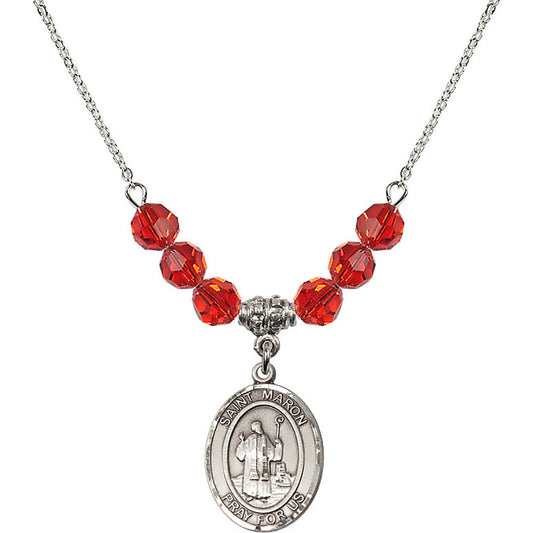 Sterling Silver Saint Maron Birthstone Necklace with Ruby Beads - 8417