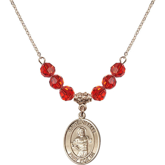 14kt Gold Filled Saint Dismas Birthstone Necklace with Ruby Beads - 8418