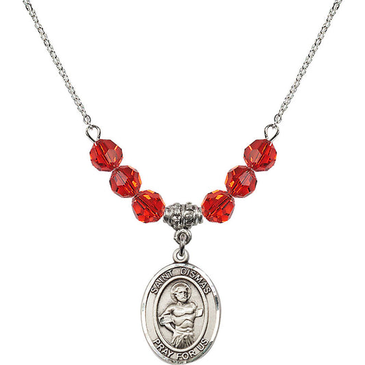 Sterling Silver Saint Dismas Birthstone Necklace with Ruby Beads - 8418