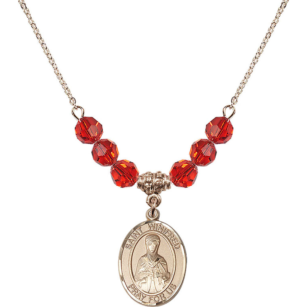 14kt Gold Filled Saint Winifred of Wales Birthstone Necklace with Ruby Beads - 8419