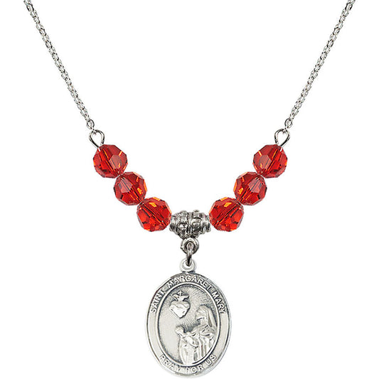 Sterling Silver Saint Margaret Mary Alacoque Birthstone Necklace with Ruby Beads - 8420
