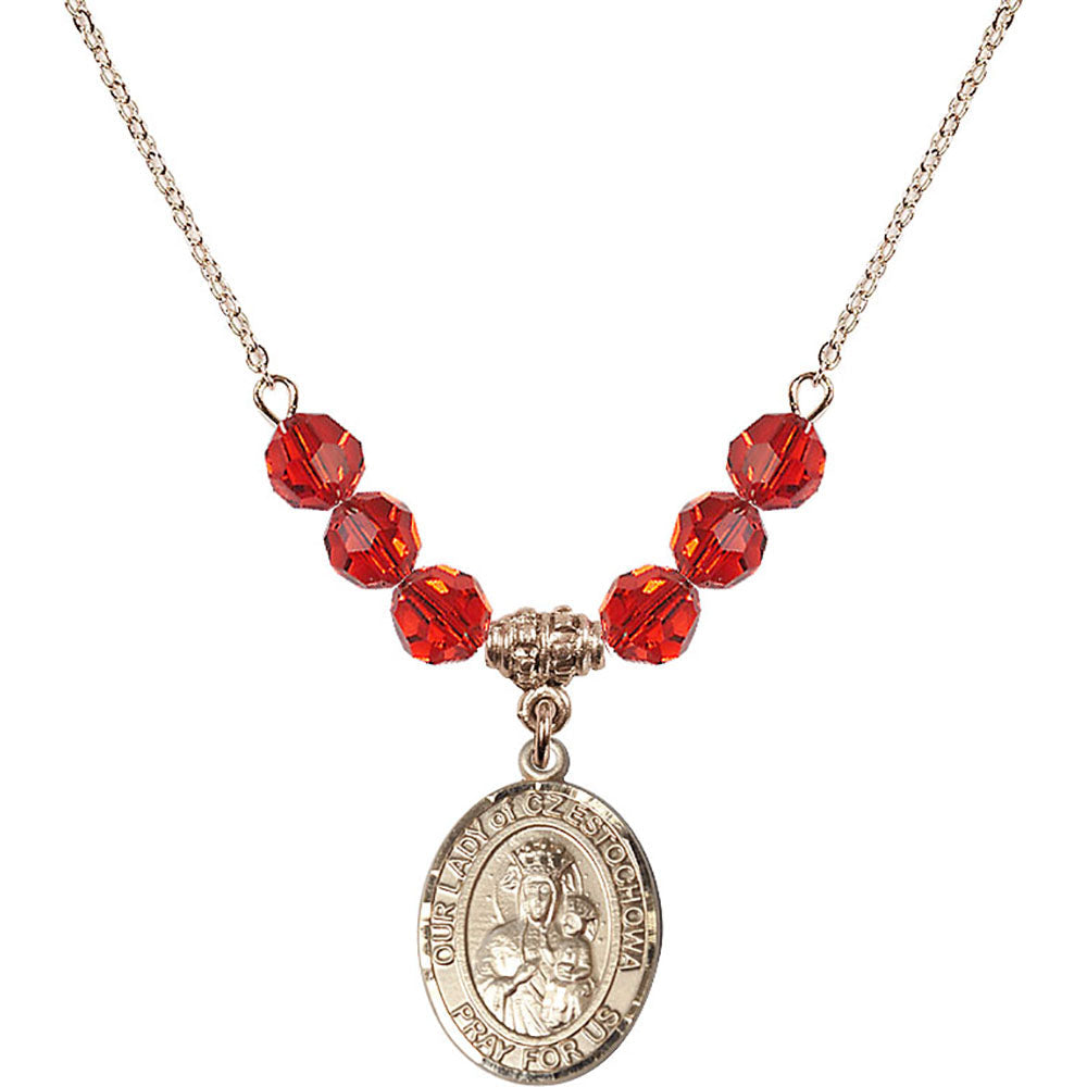 14kt Gold Filled Our Lady of Czestochowa Birthstone Necklace with Ruby Beads - 8421