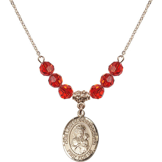 14kt Gold Filled Our Lady of Czestochowa Birthstone Necklace with Ruby Beads - 8421