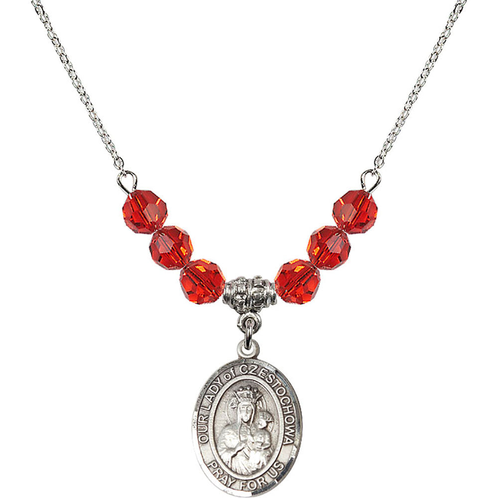 Sterling Silver Our Lady of Czestochowa Birthstone Necklace with Ruby Beads - 8421