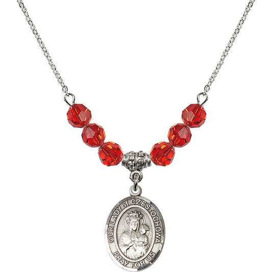 Sterling Silver Our Lady of Czestochowa Birthstone Necklace with Ruby Beads - 8421