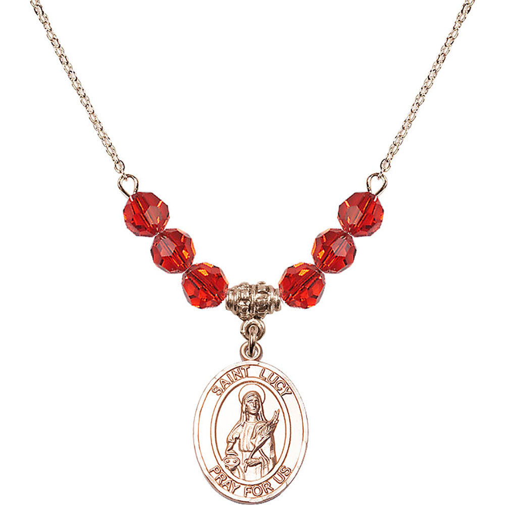 14kt Gold Filled Saint Lucy Birthstone Necklace with Ruby Beads - 8422