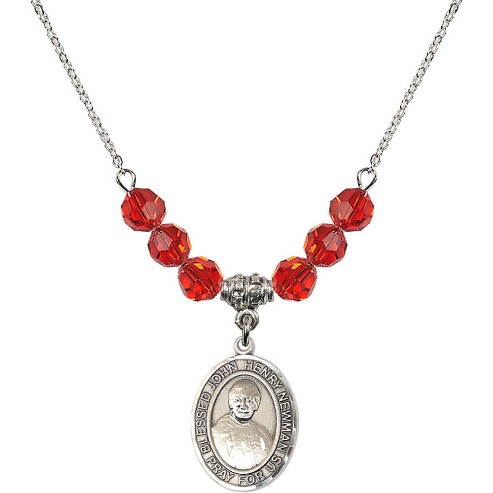 Sterling Silver Blessed John Henry Newman Birthstone Necklace with Ruby Beads - 8423