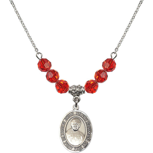 Sterling Silver Blessed John Henry Newman Birthstone Necklace with Ruby Beads - 8423