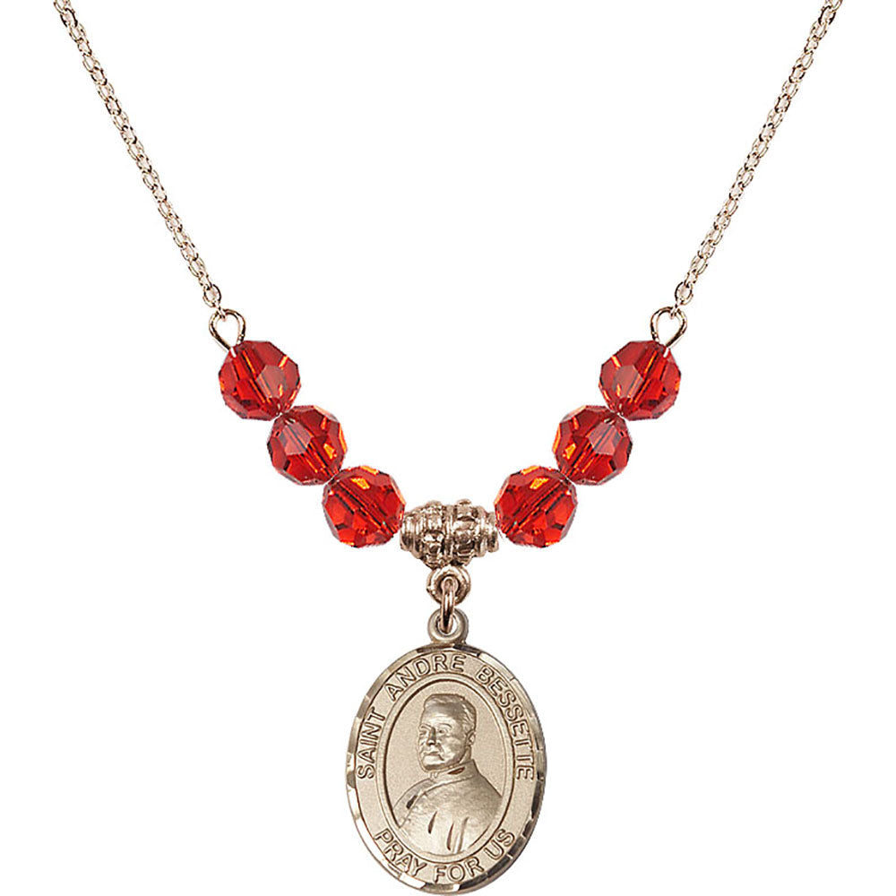 14kt Gold Filled Saint Andre Bessette Birthstone Necklace with Ruby Beads - 8424