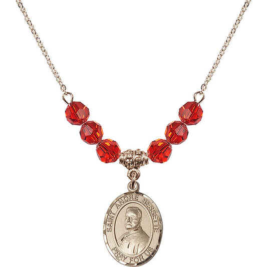 14kt Gold Filled Saint Andre Bessette Birthstone Necklace with Ruby Beads - 8424