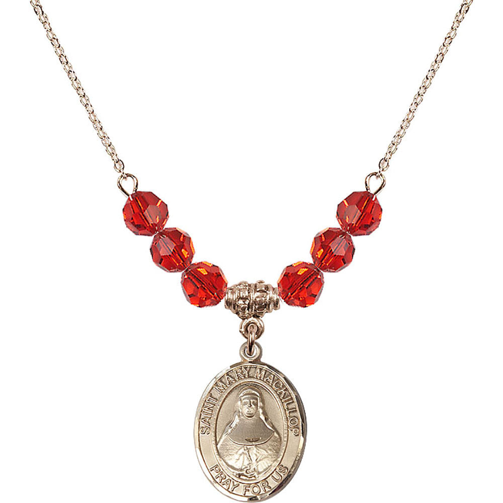 14kt Gold Filled Saint Mary Mackillop Birthstone Necklace with Ruby Beads - 8425