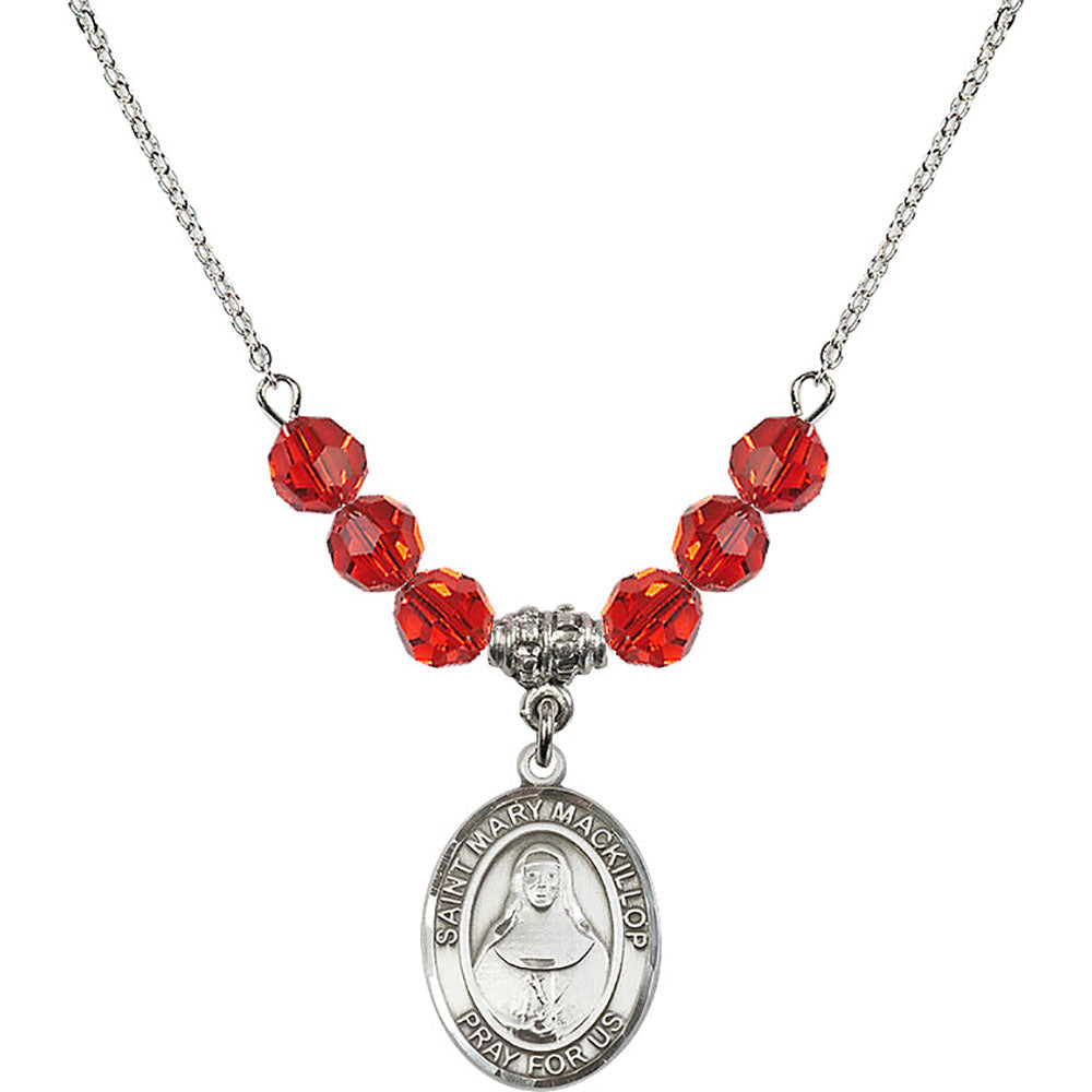 Sterling Silver Saint Mary Mackillop Birthstone Necklace with Ruby Beads - 8425