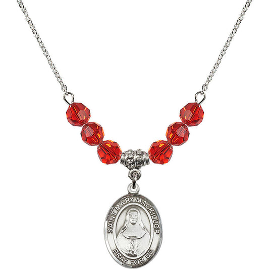 Sterling Silver Saint Mary Mackillop Birthstone Necklace with Ruby Beads - 8425