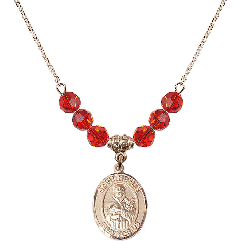 14kt Gold Filled Saint Fidelis Birthstone Necklace with Ruby Beads - 8426