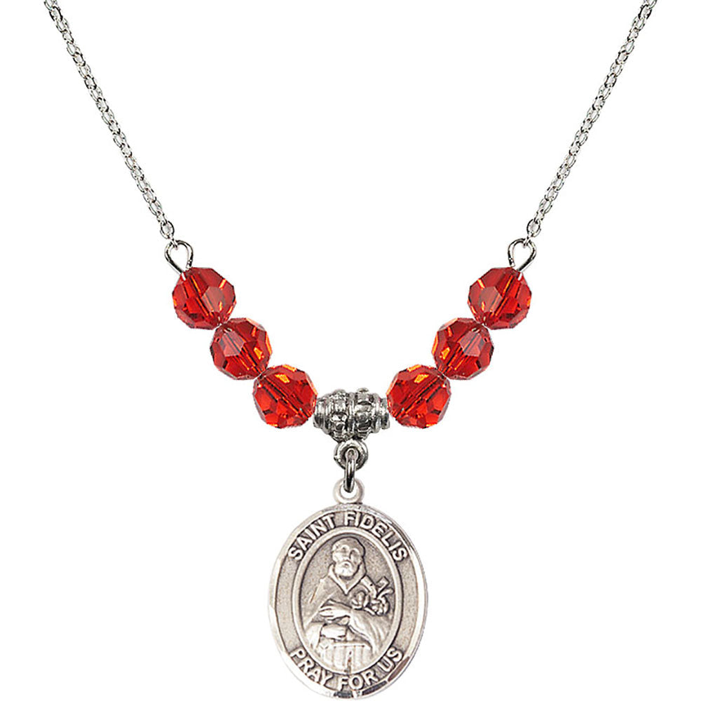Sterling Silver Saint Fidelis Birthstone Necklace with Ruby Beads - 8426