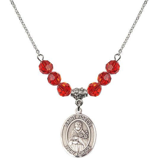 Sterling Silver Saint Fidelis Birthstone Necklace with Ruby Beads - 8426