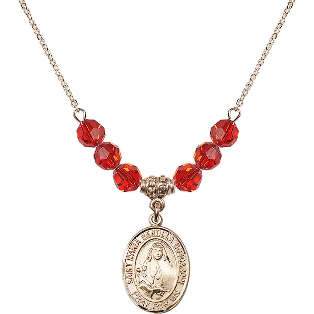 14kt Gold Filled Saint Maria Bertilla Boscardin Birthstone Necklace with Ruby Beads - 8428