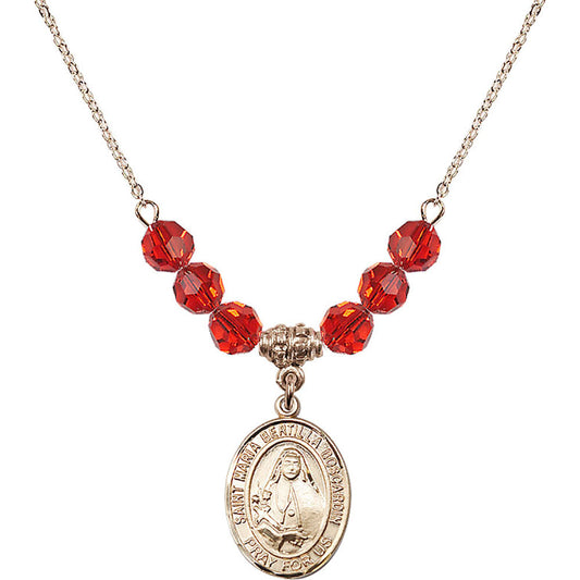 14kt Gold Filled Saint Maria Bertilla Boscardin Birthstone Necklace with Ruby Beads - 8428