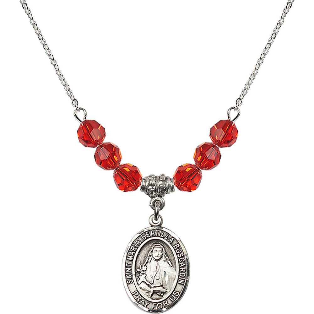 Sterling Silver Saint Maria Bertilla Boscardin Birthstone Necklace with Ruby Beads - 8428