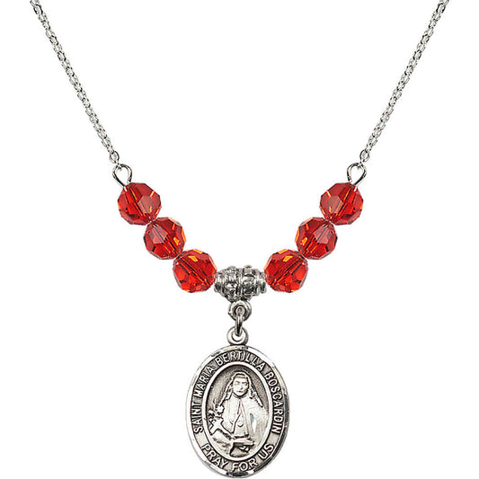 Sterling Silver Saint Maria Bertilla Boscardin Birthstone Necklace with Ruby Beads - 8428