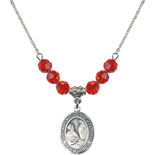 Sterling Silver Saint Mary Magdalene of Canossa Birthstone Necklace with Ruby Beads - 8429