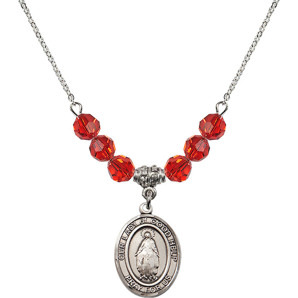 Sterling Silver Our Lady Of Good Help Birthstone Necklace with Ruby Beads - 8431