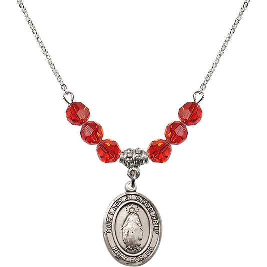 Sterling Silver Our Lady Of Good Help Birthstone Necklace with Ruby Beads - 8431