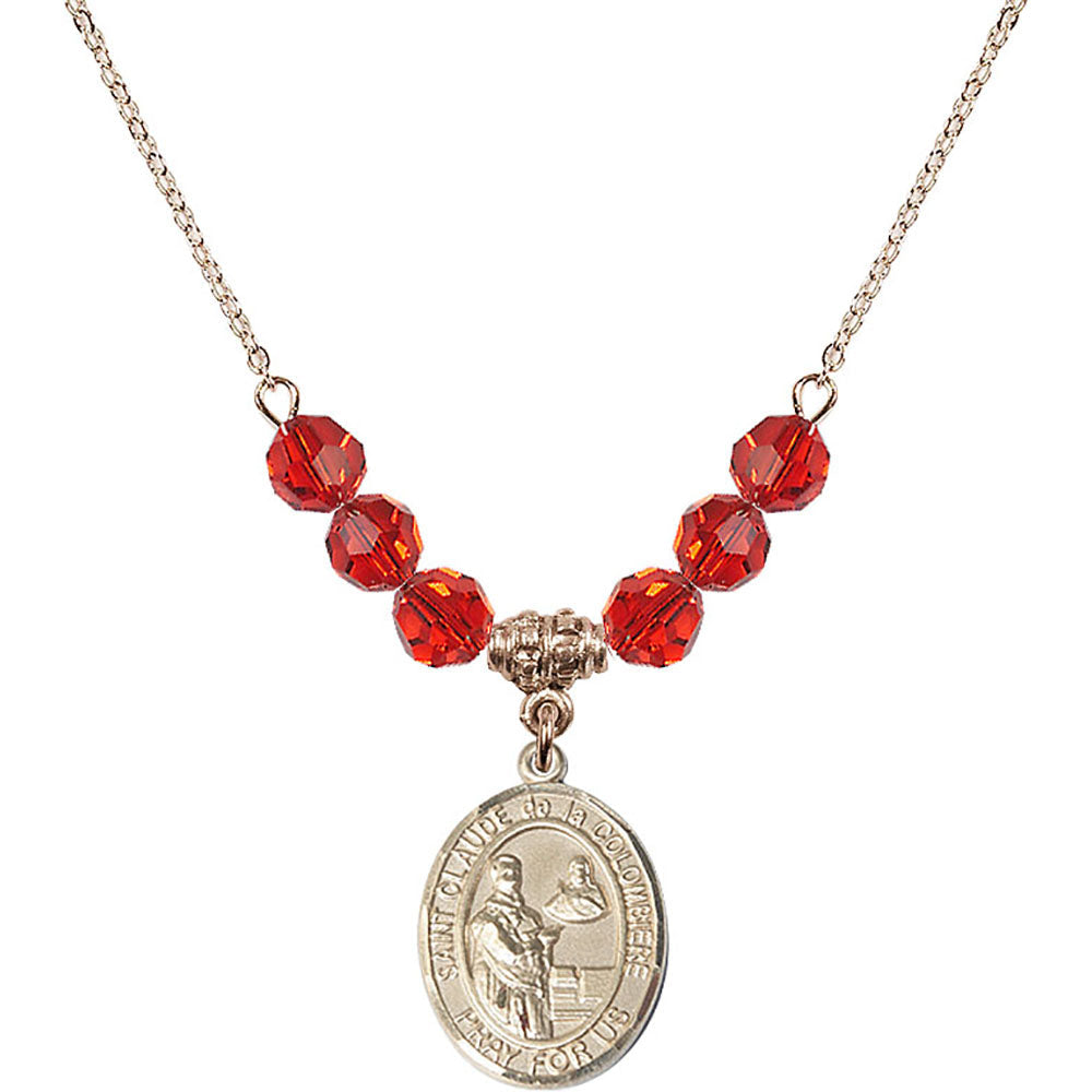 14kt Gold Filled Saint Claude de la Colombiere Birthstone Necklace with Ruby Beads - 8432