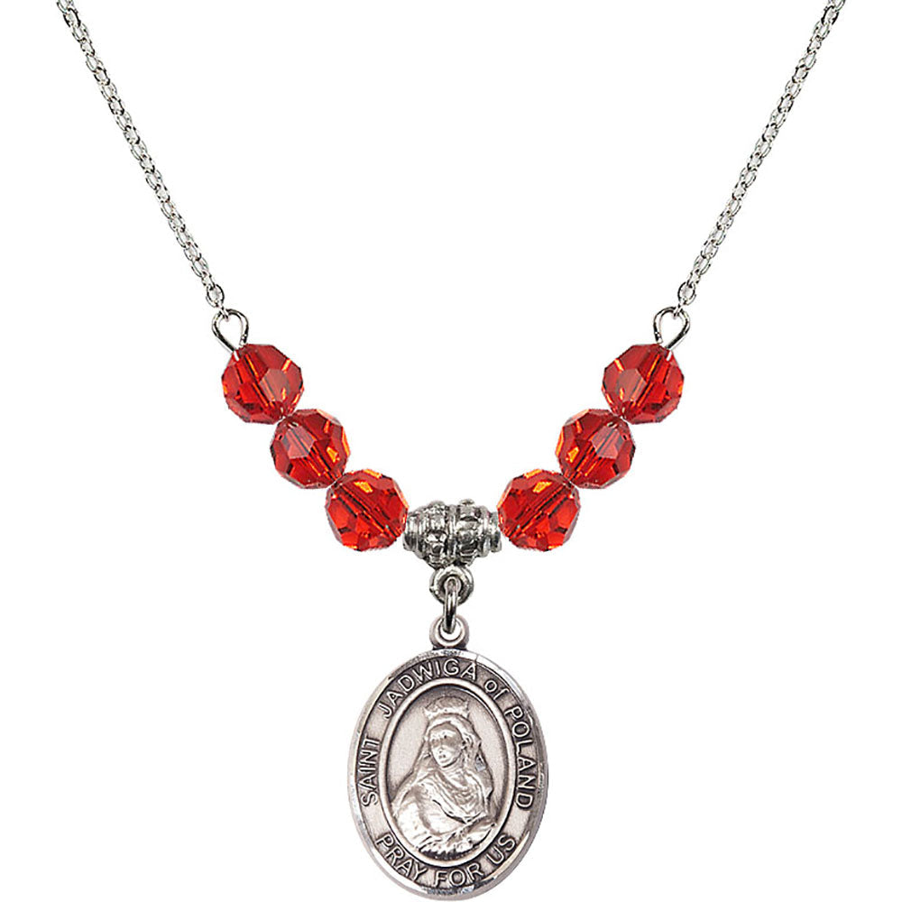 Sterling Silver Saint Jadwiga of Poland Birthstone Necklace with Ruby Beads - 8434