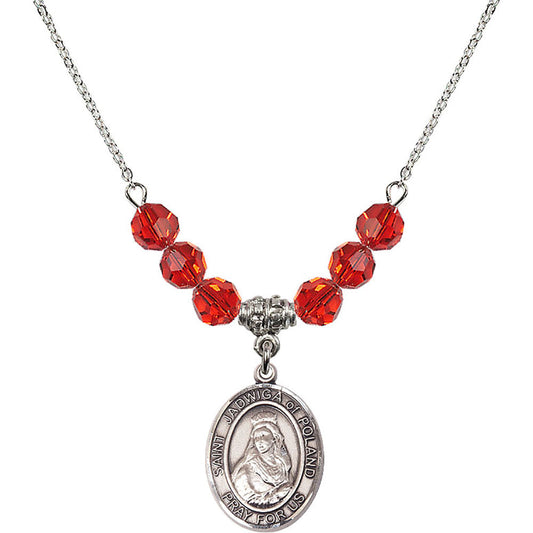 Sterling Silver Saint Jadwiga of Poland Birthstone Necklace with Ruby Beads - 8434